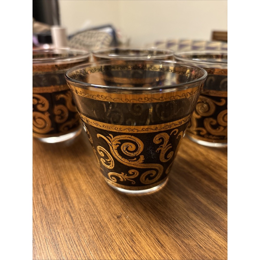 MCM Culver Toledo Black 22K Gold Baroque Double Old Fashioned Glasses Set Of 4